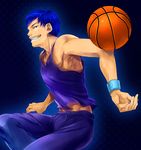  aomine_daiki basketball basketball_uniform blue_eyes blue_hair dark_skin dark_skinned_male evil_grin evil_smile glowing grin highres kuroko_no_basuke male_focus smile smooooooch solo sportswear wristband 