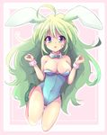  animal_ears areolae bad_id bad_pixiv_id bandaid bandaid_on_face bare_legs blue_eyes bow bowtie breasts bunny_ears bunny_tail bunnysuit cleavage detached_collar green_hair ittokyu large_breasts long_hair original tail wrist_cuffs 