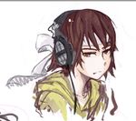  beyerdynamic brown_eyes brown_hair chihayafuru frown headband headphones hood hood_down hoodie jitome panties_(pantsu-pirate) short_hair solo upper_body yuube_keiko 