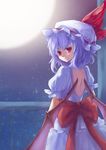  backless_outfit bat_wings bow full_moon hat hat_ribbon lavender_hair light_smile looking_at_viewer looking_back mob_cap moon puffy_short_sleeves puffy_sleeves railing red_eyes remilia_scarlet ribbon short_hair short_sleeves skirt skirt_set sky solo star_(sky) starry_sky touhou wings yekong 