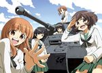  akiyama_yukari blue_eyes brown_eyes brown_hair girls_und_panzer green_skirt ground_vehicle isuzu_hana long_hair military military_vehicle motor_vehicle multiple_girls nishizumi_miho ooarai_school_uniform open_mouth panzerkampfwagen_iv pleated_skirt reizei_mako saitaniya_ryouichi school_uniform serafuku short_hair skirt smile takebe_saori tank uniform 