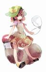  animal_ears bell bow brown_eyes brown_hair clog_sandals full_body futatsuiwa_mamizou glasses gourd hat leaf leaf_on_head notepad raccoon_ears raccoon_tail sandals sen1986 short_hair skirt tail touhou 