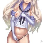  black_panties blonde_hair breasts elbow_gloves gloves head_out_of_frame jon_sandman kantai_collection long_hair medium_breasts navel nipples open_mouth panties panty_pull pussy shimakaze_(kantai_collection) simple_background smile solo underwear white_background white_gloves 