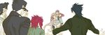  6+boys bad_id bad_pixiv_id black_hair blonde_hair blue_hair caesar_anthonio_zeppeli carrying dog highres iggy_(jojo) jojo_no_kimyou_na_bouken jonathan_joestar joseph_joestar kakyouin_noriaki kuujou_joutarou mohammed_avdol multiple_boys old old_man piggyback red_hair 