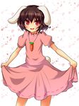  animal_ears black_hair bunny_ears bunny_tail carrot dress fukunaga_kazuhiro highres inaba_tewi jewelry looking_at_viewer open_mouth pendant polka_dot polka_dot_background puffy_short_sleeves puffy_sleeves red_eyes short_hair short_sleeves simple_background skirt_hold solo tail touhou white_background 