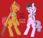  antelon anthro anthrofied babs_seed_(mlp) blood blue_eyes bottomless breasts brown_fur clothing cutie_mark diamond_tiara_(mlp) duo english_text equine female freckles friendship_is_magic fur green_eyes hair horse mammal my_little_pony nipples pink_fur plain_background police_baton pony pussy red_background stick text two_tone_hair young 