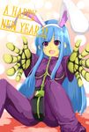  animal_ears blue_hair bunny_ears chaps cropped_jacket fake_animal_ears gloves happy_new_year kula_diamond long_hair luxima new_year outstretched_arms purple_eyes sitting smile solo the_king_of_fighters zipper 
