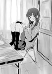  banned_artist braid cabinet chair curtains folding_chair greyscale handheld_game_console indoors jacket juice_box kneehighs monochrome open_clothes open_jacket original playing_games playstation_portable school_uniform sitting skirt smile table track_jacket twin_braids yuu_(warm_water) 