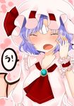  ascot bad_id bad_pixiv_id bandages bat_wings brooch closed_eyes fang hand_on_own_face hat hat_ribbon jewelry koyashaka lavender_hair mob_cap open_mouth outline pink_background remilia_scarlet ribbon short_hair short_sleeves simple_background solo speech_bubble tears touhou uu~ wings wrist_cuffs 
