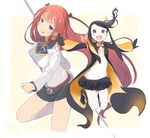 :q arca_(summon_night) bad_id bad_pixiv_id belt black_hair gloves jacket miniskirt multiple_girls navel open_clothes open_jacket pariet ponytail purple_eyes red_hair skirt summon_night summon_night_5 tongue tongue_out ume_(plumblossom) 