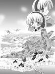  aircraft airplane bomber bridge cannon explosion flying glasses greyscale grin headset ju_87 long_hair looking_back luftwaffe military military_vehicle monochrome multiple_girls necktie original shizumi_tsurugi smile smoke sweatdrop war water world_war_ii 