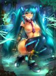  aqua_eyes aqua_hair bad_id bad_pixiv_id blush breasts cyborg green_hair hatsune_miku headphones headset highres large_breasts long_hair luco_san necktie open_mouth shiny shiny_skin solo thighhighs twintails very_long_hair vocaloid 