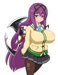  arms_behind_back bad_id bad_pixiv_id belly black_ribbon black_skirt blush breasts brown_legwear cardigan collared_shirt hair_ornament hair_ribbon huge_breasts kaz_(shade) long_hair long_sleeves murasaki_(senran_kagura) necktie pantyhose pleated_skirt plump purple_eyes purple_hair ribbon school_uniform senran_kagura senran_kagura_shinovi_versus shirt shuriken skirt solo very_long_hair 