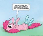  blue_eyes cutie_mark dialog el-yeguero english_text equine female feral friendship_is_magic fur hair horse lying mammal my_little_pony on_back pink_fur pink_hair pinkie_pie_(mlp) pony smile socks solo suggestive text 