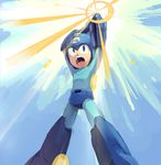  android arm_cannon blue_eyes helmet lowres male_focus nokogiri_den_aoi open_mouth rockman rockman_(character) rockman_(classic) solo weapon 