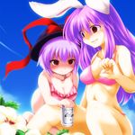  alcohol animal_ears asahi_breweries bad_id bad_pixiv_id beer beer_can bikini breasts bunny_ears can cleavage empty_eyes flower frilled_bikini frills hat hat_ribbon large_breasts long_hair midriff multiple_girls nagae_iku navel purple_hair reisen_udongein_inaba ribbon shaded_face suzu_(suzuko) swimsuit touhou 