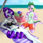  anthro anthrofied bag beach beach_ball bikini blue_eyes blush breasts cleavage clothed clothing cup cutie_mark dragon duo equine eyeshadow eyewear female friendship_is_magic fur glasses green_eyes hair horn horse kneeling lying makeup male mammal mrfatcakes my_little_pony navel on_back outside pants pony purple_body purple_hair rarity_(mlp) sand scalie sea seaside shorts spike_(mlp) sunglasses swimsuit tight_clothing topless towel unicorn water white_fur 