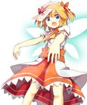  ascot blouse blue_eyes fairy_wings fang gradient gradient_background hair_ribbon hayaneko_(ceceragi) headdress highres looking_at_viewer ofuda open_mouth orange_hair outstretched_arms ribbon short_hair short_sleeves simple_background skirt solo sunny_milk touhou twintails wings zombie_pose 