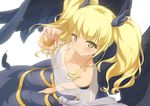  bangs bare_shoulders black_wings blonde_hair breasts cleavage dress fallen_angel_(shikihime_zoushi) from_above head_tilt jewelry looking_up medium_breasts pointing shikihime_zoushi shinonome_haru smile twintails wings yellow_eyes 