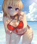  akizone beach bent_over bikini blonde_hair breasts choker cleavage cloud dappled_sunlight day eyewear_removed glasses holding holding_eyewear large_breasts ocean original outdoors purple_eyes side-tie_bikini smile solo sunlight swimsuit water wet 