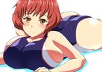  ass bare_shoulders breasts competition_swimsuit huge_breasts kakumeiki_valvrave kozy light_smile looking_at_viewer lying nanami_rion on_stomach one-piece_swimsuit red_hair short_hair sideboob solo swimsuit yellow_eyes 
