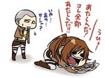  1boy 1girl all_fours bald bent_over brown_hair chibi connie_springer conny_springer curry food long_hair military military_uniform open_mouth ponytail sasha_braus sasha_browse shingeki_no_kyojin spoon sweatdrop translation_request uniform white_background 