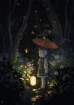  blue_eyes bug butterfly darkness flower forest hair_ribbon highres hydrangea insect konpaku_youmu lamp lantern long_sleeves nature night oriental_umbrella paper_lantern rain ribbon seeker shirt silver_hair skirt skirt_set solo touhou umbrella vest 