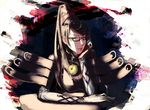  amulet bad_id bad_pixiv_id bayonetta bayonetta_(character) beehive_hairdo black_hair blue_eyes bodysuit chin_rest cleavage_cutout earrings elbow_gloves glasses gloves hair_ribbon half-closed_eyes jewelry lipstick long_hair looking_at_viewer makeup mole ribbon seitsuji solo white_gloves 