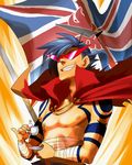  adam's_apple blue_hair bluefox cape cup flag kamina kamina_shades male_focus manly sarashi skull solo tattoo tea teabag teacup tengen_toppa_gurren_lagann union_jack united_kingdom 