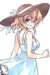  blonde_hair blue_eyes dress grin hat hat_ribbon looking_back ponytail ribbon short_hair smile solo sun_hat sundress umineko_no_naku_koro_ni ushiromiya_jessica wanko_(takohati8) white_dress 