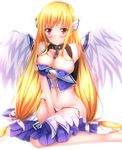  :&lt; angel_wings astraea bad_id bad_pixiv_id black_panties blonde_hair blush breasts cleavage closed_mouth covering covering_breasts large_breasts long_hair long_legs looking_at_viewer navel panties red_eyes red_legwear side-tie_panties simple_background skirt skirt_pull solo sora_no_otoshimono swordsouls underwear untied untied_panties v-shaped_eyebrows very_long_hair white_background wings 