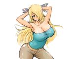  1girl aqua_eyes armpits arms_up bare_shoulders blonde_hair breasts cleavage female hair_over_one_eye huge_breasts long_hair nishikun pokemon shirona_(pokemon) simple_background smile solo strapless white_background 