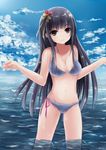  bangs bare_arms bare_shoulders bikini black_eyes black_hair breasts collarbone day eyebrows_visible_through_hair hair_ornament horizon long_hair looking_at_viewer medium_breasts navel ocean original outdoors smile solo suzuame_yatsumi swimsuit water 