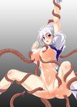  bottomless breasts izayoi_sakuya large_breasts navel nipples no_bra open_clothes open_shirt pussy red_eyes shirt silver_hair solo spread_legs tentacles testa touhou uncensored 