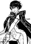  alternate_hair_length alternate_hairstyle bayonetta bayonetta_(character) bayonetta_2 bodysuit breasts bridal_gauntlets butcha-u cape earrings elbow_gloves glasses gloves greyscale gun jewelry medium_breasts mole mole_under_mouth monochrome shawl short_hair smile solo underboob weapon 