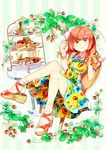  cake chair dress drink drinking_straw flower food fork full_body highres ice legs nail_polish orange_eyes orange_hair original platform_footwear sandals short_hair sitting smile socks solo zanunoneko 