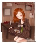  1girl bandage blush bread candle cup curtsey diana_(rule_of_rose) drawing dress dress_lift eyes_closed feet flower food kneeling no_shoes photo_(object) picture plate red_hair red_rose rose rule_of_rose silk socks spider_web table tea teacup 