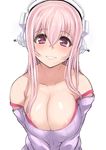 areola_slip areolae bare_shoulders bra_strap breasts cleavage collarbone headphones large_breasts long_hair looking_at_viewer miyamoto_issa nitroplus off-shoulder_sweater off_shoulder pink_hair simple_background smile solo strap_slip super_sonico sweater upper_body white_background 