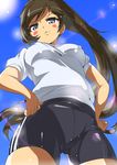  :3 bike_shorts black_hair blue_eyes blush_stickers from_below gym_uniform hentai_ouji_to_warawanai_neko. highres long_hair ponytail tashiromotoi tsutsukakushi_tsukushi 