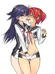  blush breast_grab fingering french_kiss grabbing groin hand_in_panties isshiki_akane kiss kuroki_rei long_hair michairu multiple_girls national_shin_ooshima_school_uniform open_mouth panties short_hair simple_background tongue underwear vividred_operation white_background yuri 