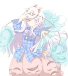  bubble_skirt expressionless fan folding_fan fox_mask hannya hata_no_kokoro long_hair mask oni_mask plaid plaid_shirt shino_megumi shirt simple_background skirt tengu_mask touhou white_hair 