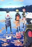  3boys black_gloves black_hair different_reflection forehead_protector gloves haruno_sakura hatake_kakashi katana multiple_boys naruto naruto_(series) naruto_shippuuden pink_hair reflection sandals shikaobing short_hair signature spiked_hair sword team7 uchiha_sasuke uzumaki_naruto vest weapon white_hair 