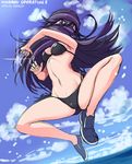  between_fingers bikini black_bikini black_hair breasts fork jumping kuroki_rei long_hair looking_at_viewer medium_breasts michairu midair navel no_socks purple_eyes scarf scarf_over_mouth shoes side-tie_bikini sketch solo spread_legs swimsuit vividred_operation 