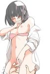  black_hair blush bra breasts closed_eyes covering_mouth fingering hajime_(omen7777) hands highres medium_breasts nipples off_shoulder open_clothes open_shirt original pussy_juice red_bra shirt simple_background sketch sleeves_rolled_up solo_focus underwear white_background white_shirt 