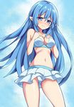  bikini blue_eyes blue_hair blush breasts leviathan_(zettai_bouei_leviathan) long_hair medium_breasts navel pointy_ears solo swimsuit unacchi_(nyusankin) wavy_mouth zettai_bouei_leviathan 