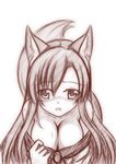  animal_ears bare_shoulders breasts brooch cleavage dress highres imaizumi_kagerou jewelry large_breasts long_hair minaha_(playjoe2005) monochrome sketch solo sweat tail tears touhou traditional_media very_long_hair wall-eyed wolf_ears wolf_tail 