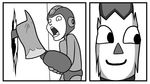  arm_cannon axe comic doubutsu_no_mori el-sato greyscale here's_johnny! monochrome multiple_boys parody rockman rockman_(character) rockman_(classic) silent_comic smile super_smash_bros. the_shining villager_(doubutsu_no_mori) weapon 