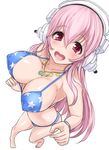  barefoot bikini bracelet breasts covered_nipples from_above full_body headphones jewelry large_breasts long_hair looking_at_viewer miyamoto_issa necklace nitroplus open_mouth pink_eyes pink_hair simple_background smile solo super_sonico swimsuit white_background 