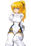  arnval blonde_hair blue_eyes bodysuit breasts busou_shinki covered_navel dd_(ijigendd) doll_joints hair_ribbon large_breasts long_hair ponytail ribbon sitting solo 