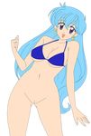  1girl absurdres bikini blue_hair bottomless bra breasts earrings highres jewelry large_breasts legs long_hair photoshop purple_eyes pussy smile solo stewardess swimsuit tenjouin_katsura thighs uncensored underwear vector_trace yat_anshin_uchuu_ryokou 